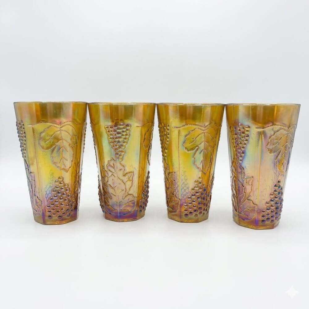 Vintage Marigold Indiana Carnival Glass Grape Pattern Tumblers Set of 4